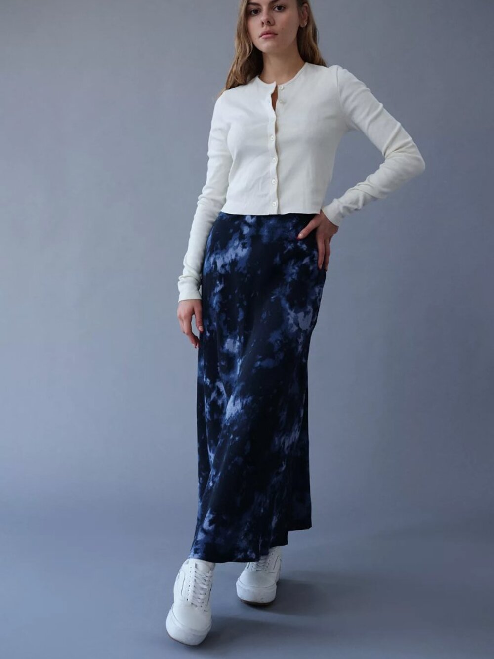 Urban Outfitters Rowan Crepe Midi Slip Skirt Tie Dye Print Blue/Black Size XS